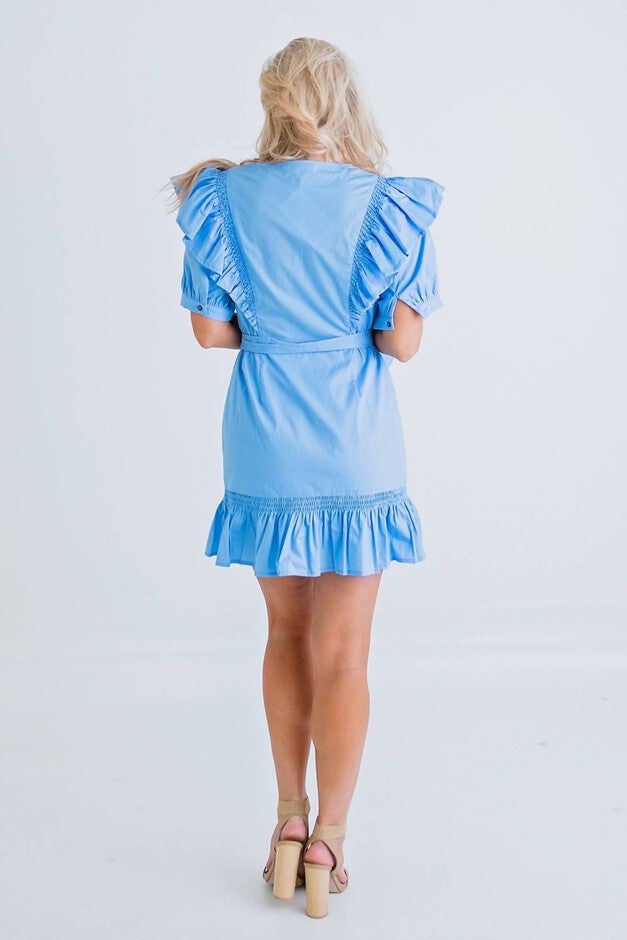 MORGAN POPLIN WRAP DRESS IN BLUE, Blue / Light Blue, alternate image number 1