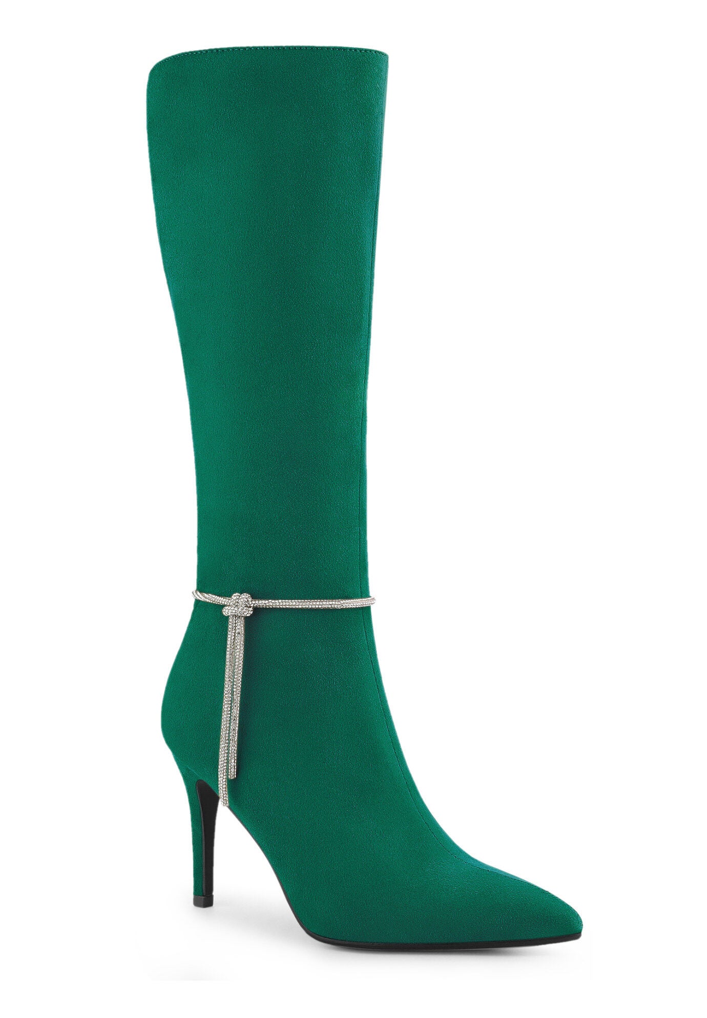 Rhinestone Chain Pointed Toe Stiletto Heels Knee High Boots, Green / Forest Green, hi-res image number 0