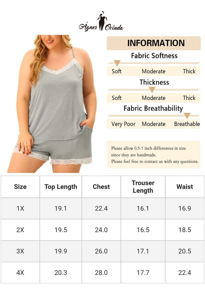 Lace Panel Elastic Waist Cami Sleep Lounge Pajama Sleepwear Set, Gray / Light Grey, alternate image number null