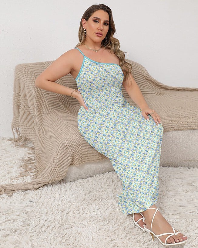 La Dolce Lemon Tile One-Shoulder Maxi Dress, White / Yellow, alternate image number null