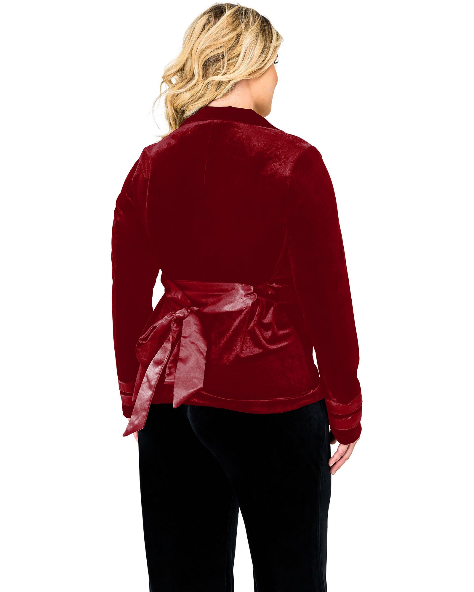 Plus Size Lottie Stretch Velvet Wrap Smoking Jacket With Satin Lapel And Satinbelt, Deep Red / New Wine, alternate image number 2