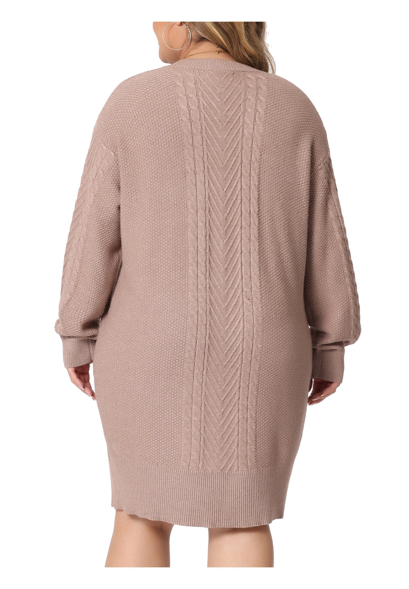 CREWNECK LONG SLEEVE KNIT TUNIC PULLOVER SHORT SWEATER DRESS, Khaki / Taupe, alternate image number 3