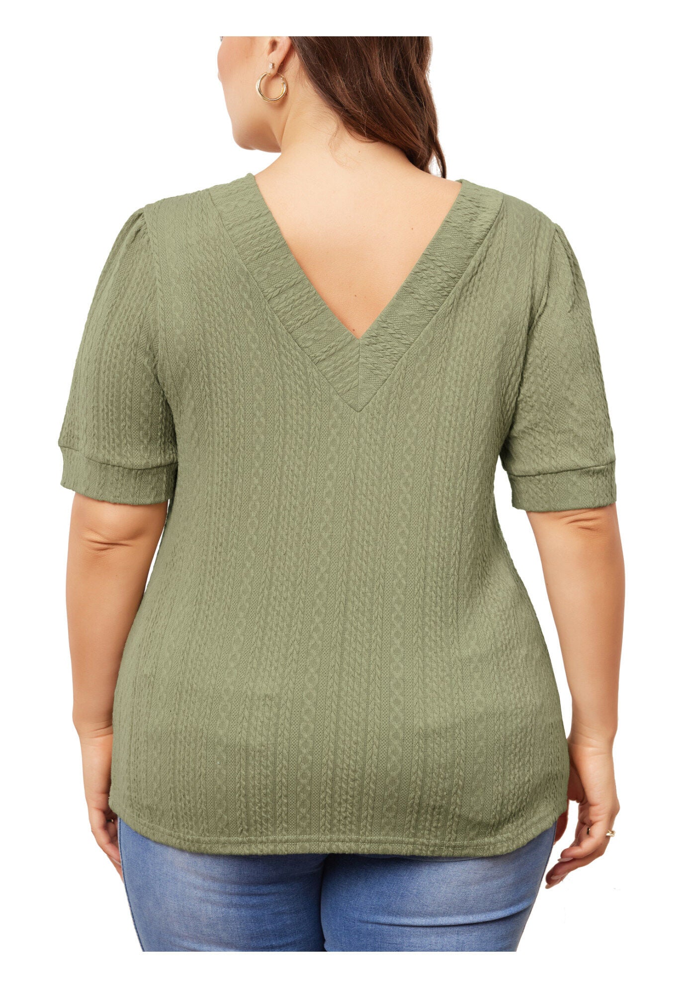 DEEP V NECK SHORT SLEEVE T-SHIRT CASUAL TOP, Grass Green / Sage Green, alternate image number 3