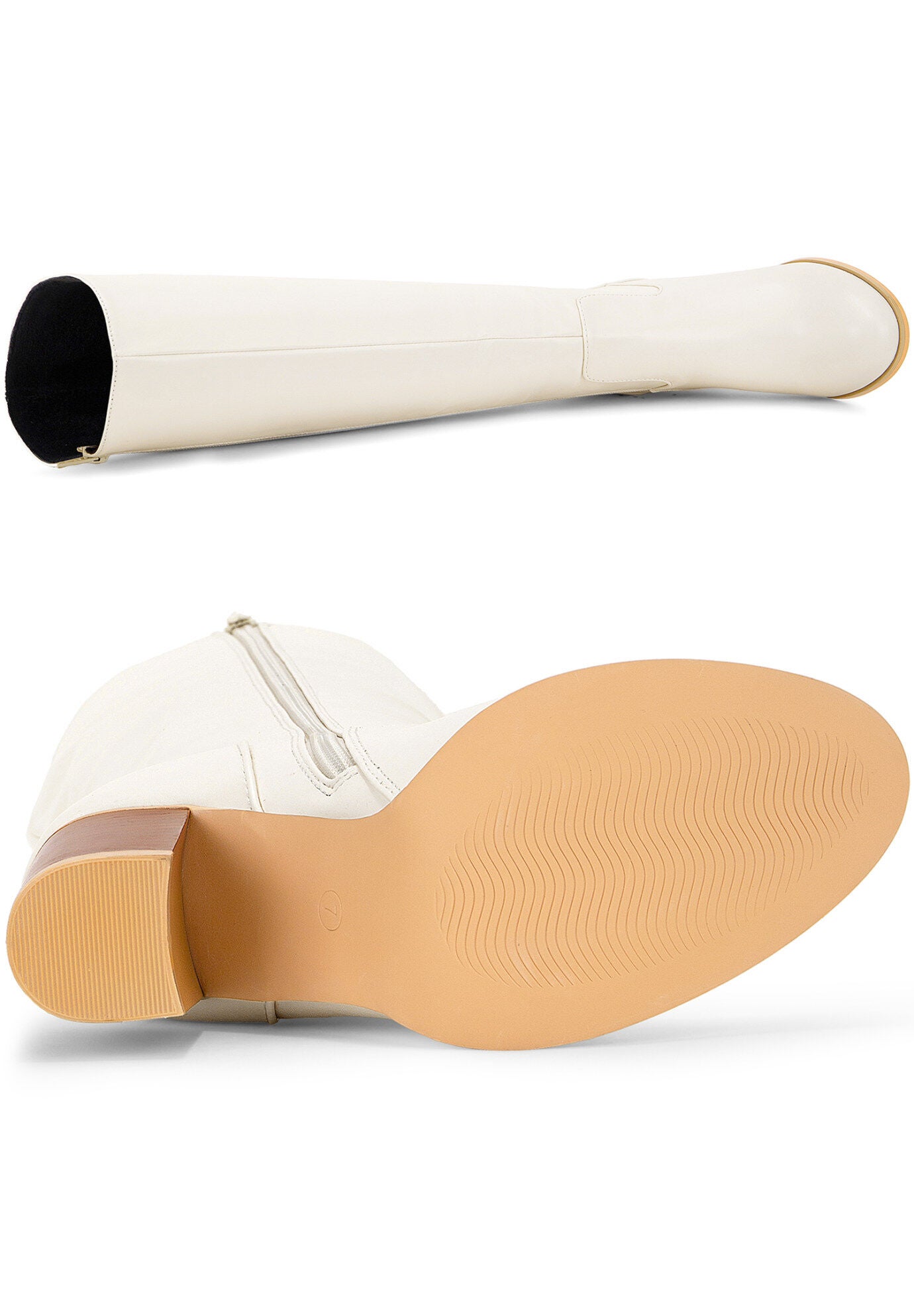 Round Toe Stacked Block Heels Knee High Boots, Cream / Cream, alternate image number 2