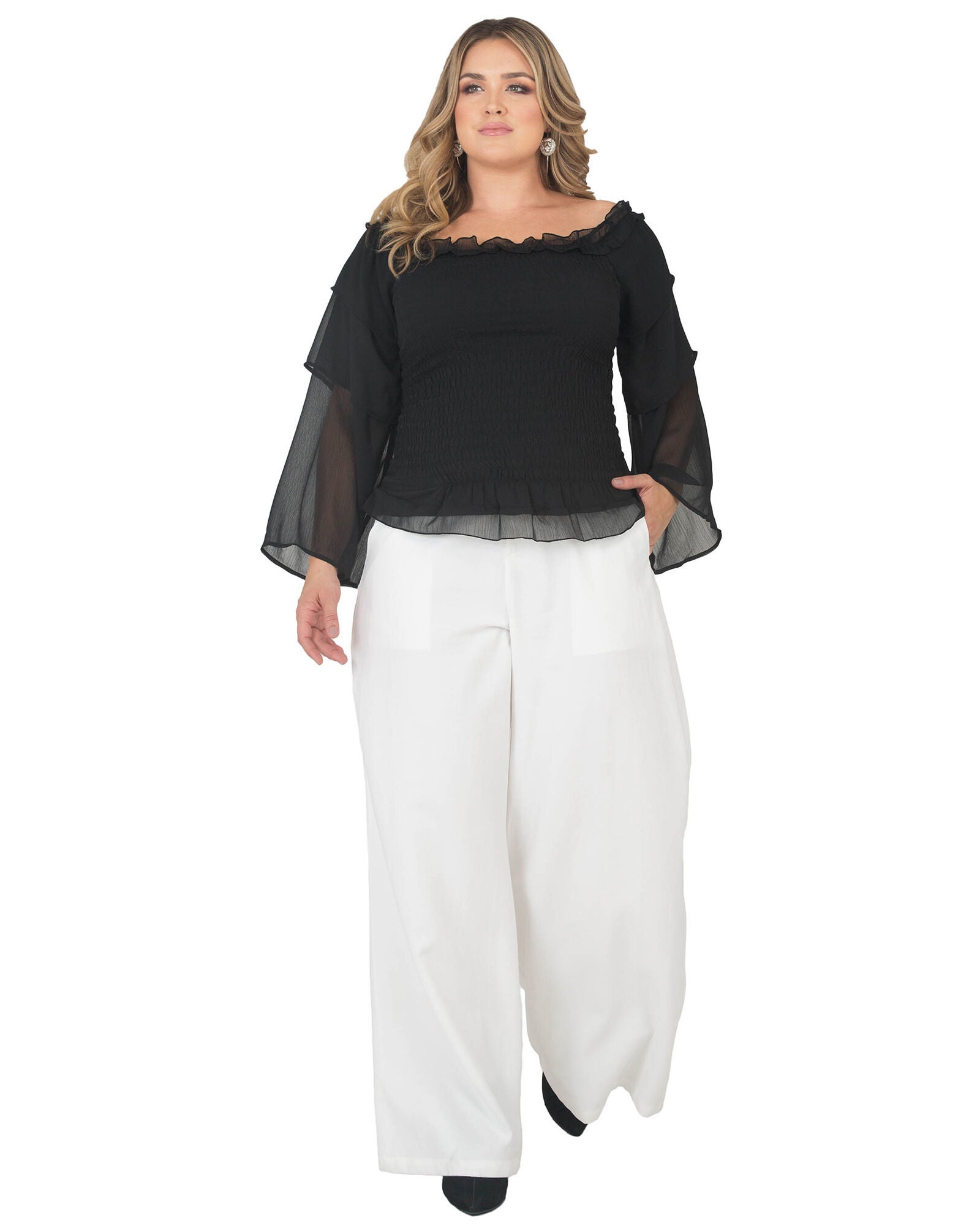 Plus Size Jessa Smocked Tierd Sleeve Top, Black / Black, alternate image number 3