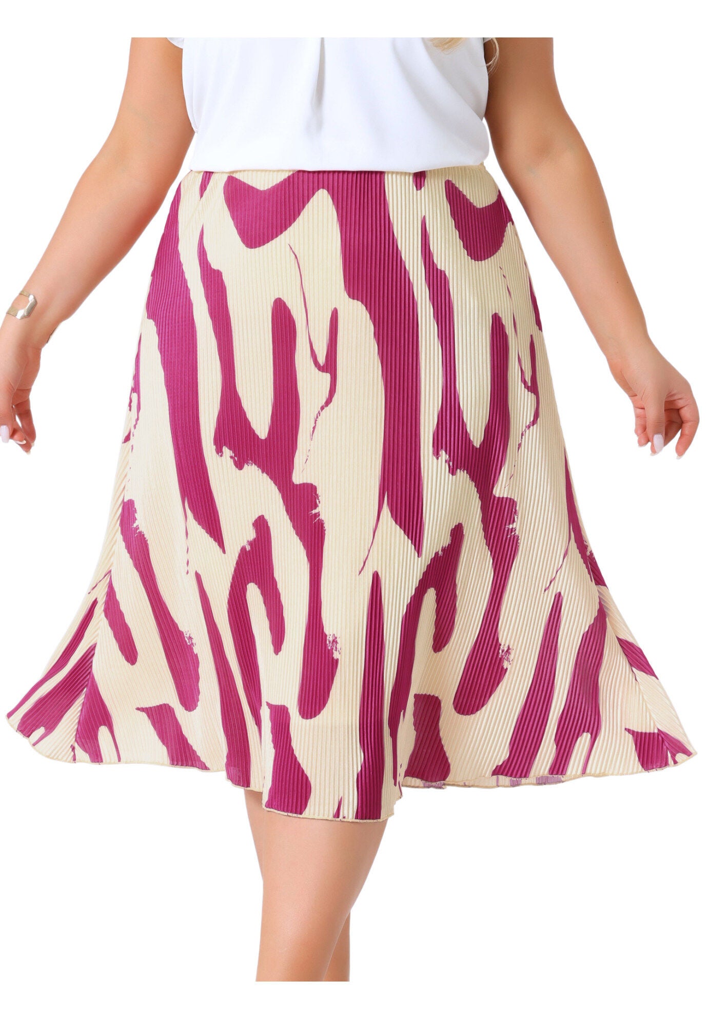 Print Pleated High Waisted A-Line Midi Skirt, Hot Pink / Pink, alternate image number 2