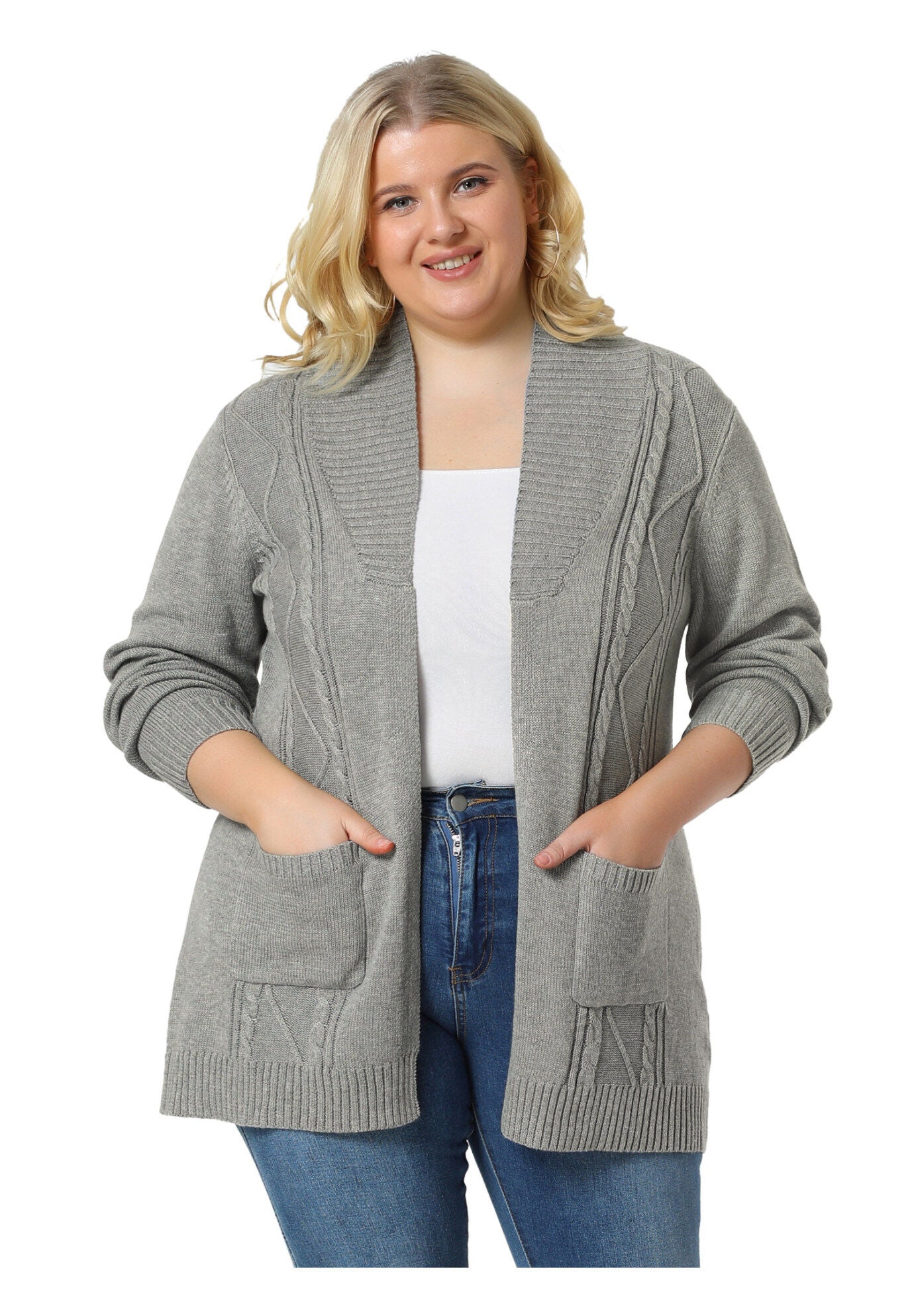 SHAWL COLLAR OPEN FRONT SWEATER CARDIGAN, Light Grey / Light Grey, alternate image number 2