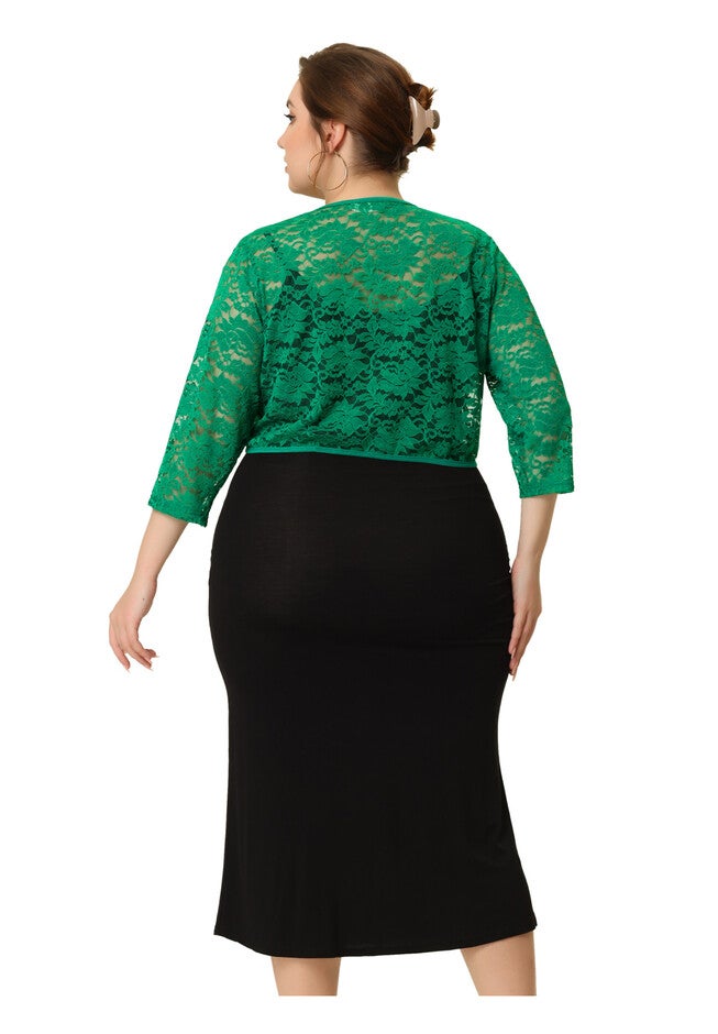 FLORAL LACE SHRUG 3/4 SLEEVE LIGHTWEIGHT SHEER BOLERO CARDIGAN, Green / Forest Green, alternate image number 3