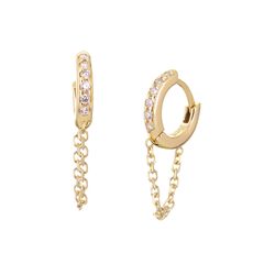 10mm Diamond And 14K Gold Huggies With Chain Gold