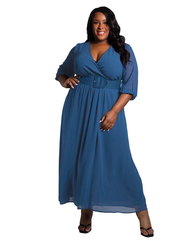 Tida Women's Plus Size Belted Surplice Maxi Dress, Artic Blue / Navy, hi-res image number 0