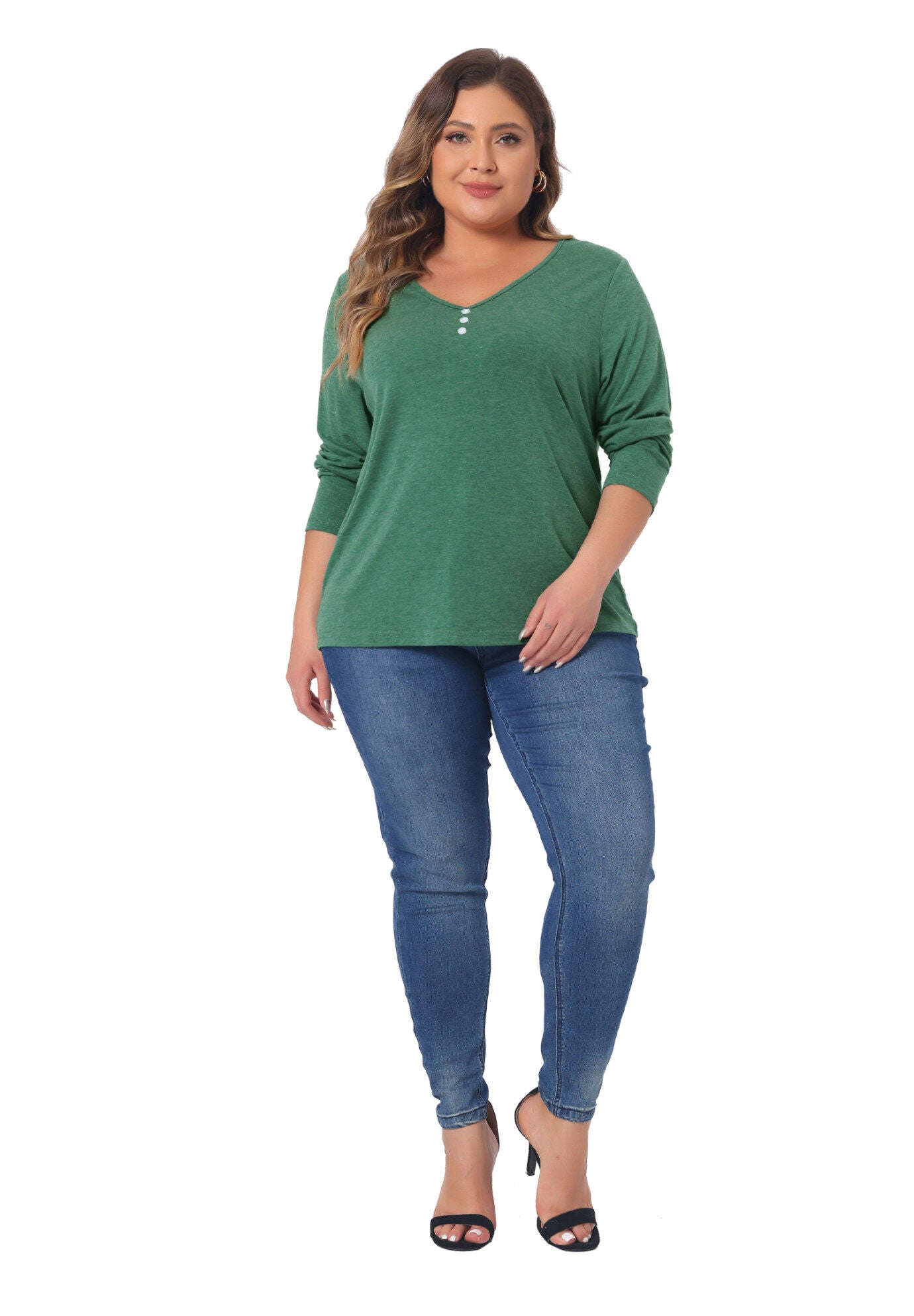 Casual Top Button Front Long Sleeve Tee, Green / Hunter Green, hi-res image number 0