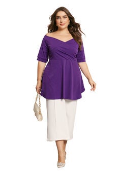 V NECK SHORT SLEEVE RUCHED PEPLUM BLOUSE TOP