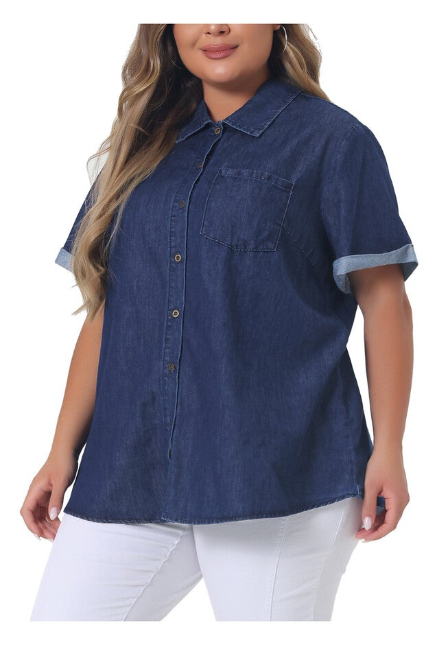 Roll Sleeve Chambray Button Down Denim Shirt, Dark Blue / Navy, alternate image number 1