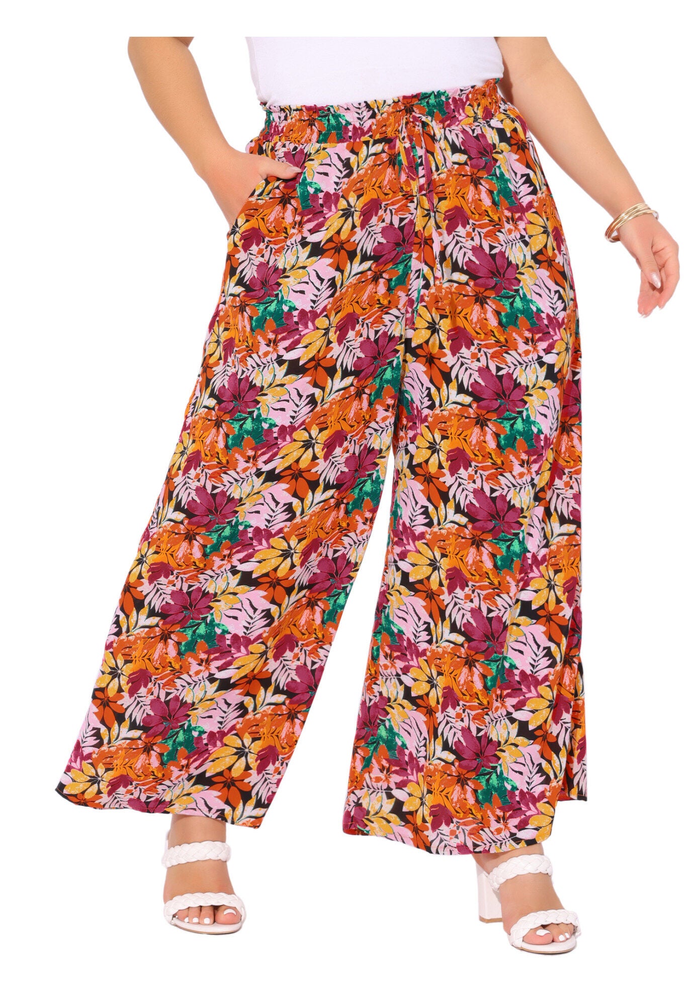 Wide Leg Floral Palazzo Pants Flowy Beach Trousers with Pocket, Black Red / Burnt Orange, alternate image number 2