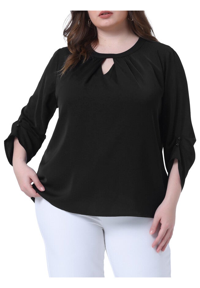 Crewneck Keyhole 3/4 Sleeve Pleated Blouse Shirt, Black / Black, alternate image number 2