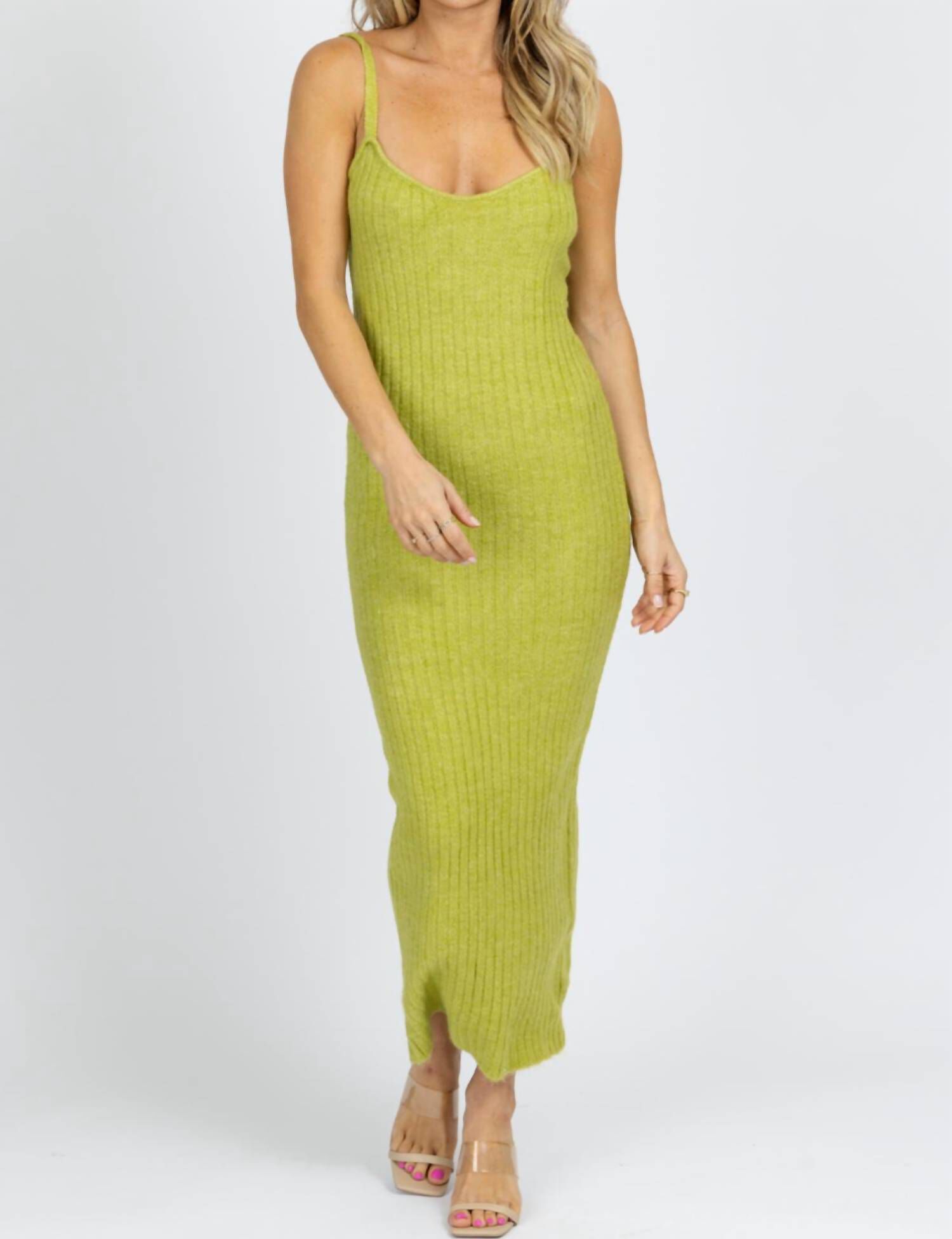 BRIGHT RIBBED SWEATER MIDI DRESS IN GREEN, Green / Light Green, alternate image number 1