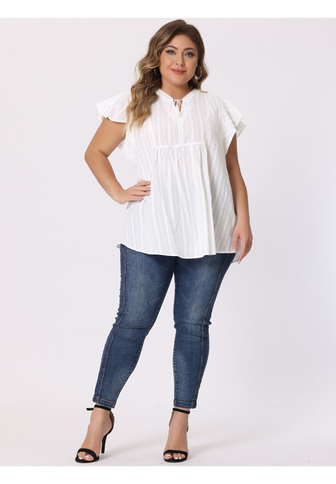 V NECK TASSEL SELF TIE FLUTTER BLOUSE, White / White, hi-res image number 0