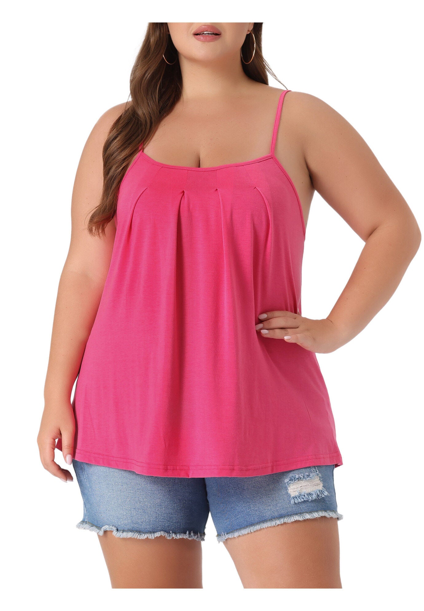 PLEATED SLEEVELESS LOOSE CAMISOLE TANK TOP, Hot Pink / Pink, alternate image number 2