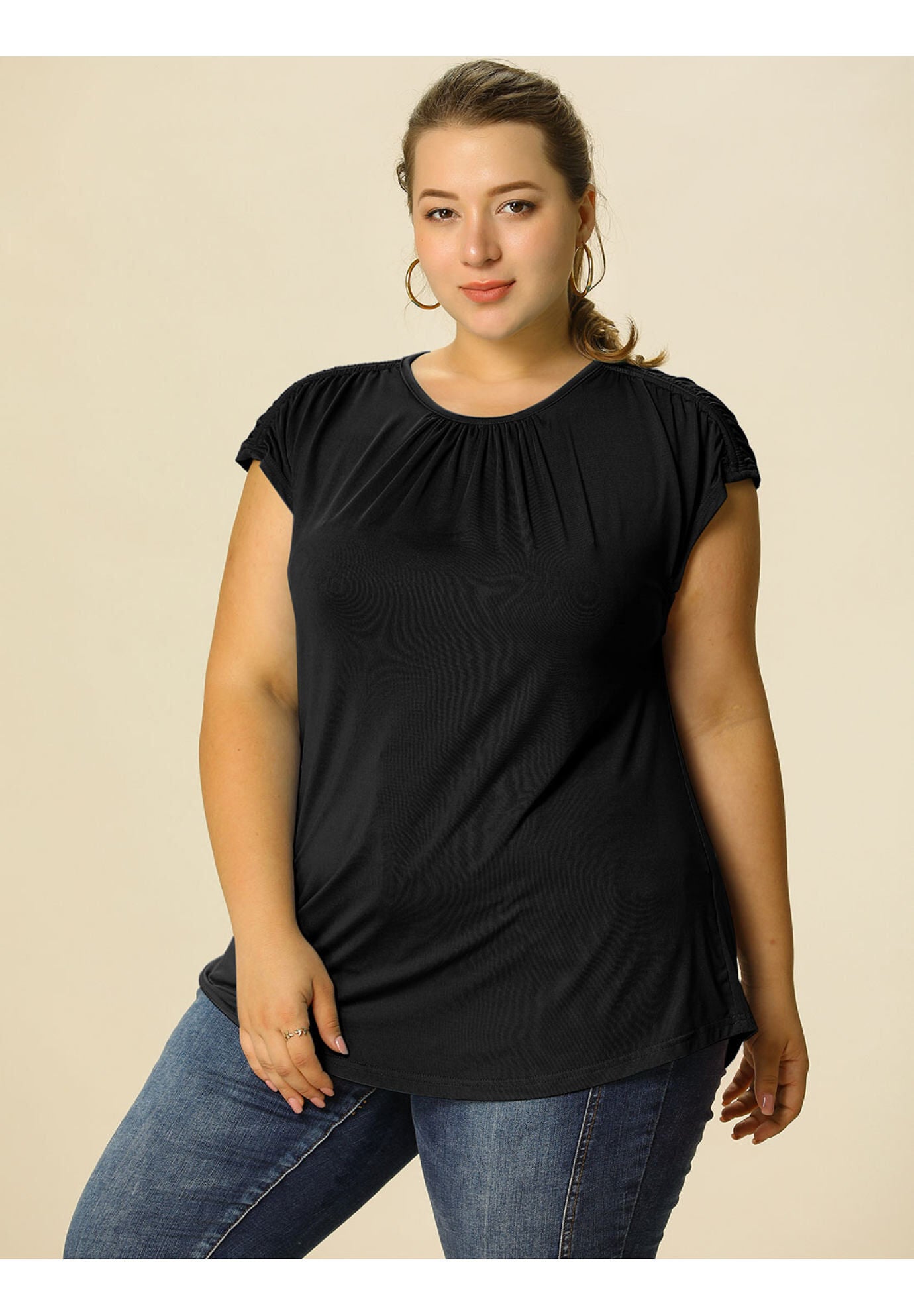 ROUND NECK RUCHED SHORT SLEEVE CASUAL TOP, Black / Black, alternate image number 1