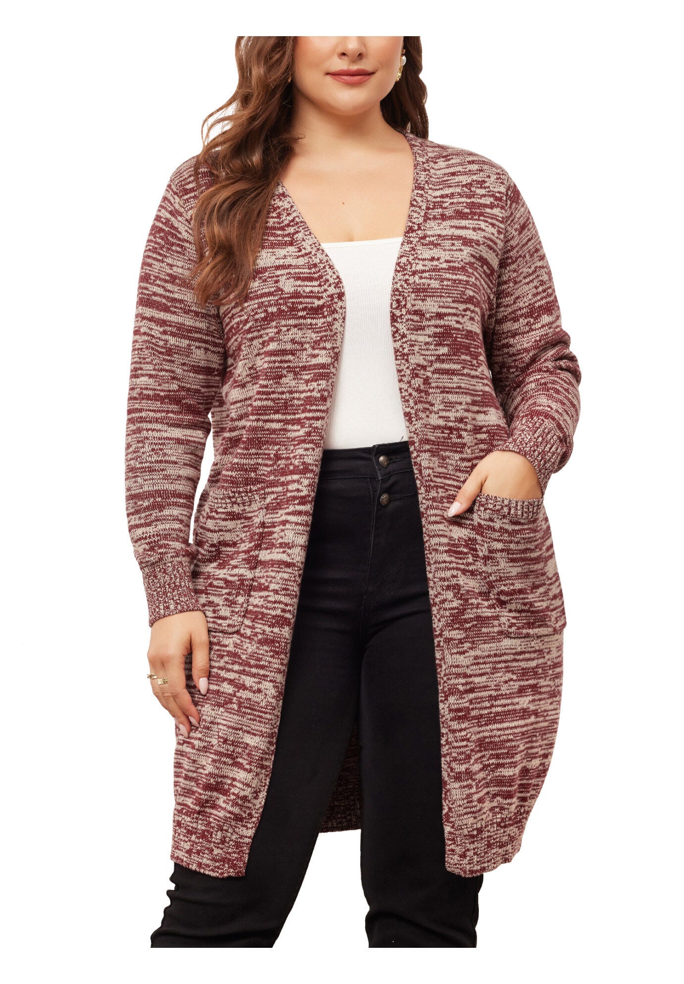 CONTRAST COLOR OPEN FRONT POCKETS SWEATER CARDIGAN, Burgundy / Red, alternate image number 2