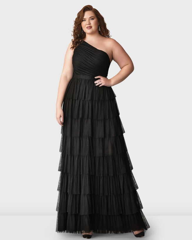 One-shoulder ruffle tier tulle maxi dress | Dia & Co One-shoulder ruffle tier tulle maxi dress | Dia & Co