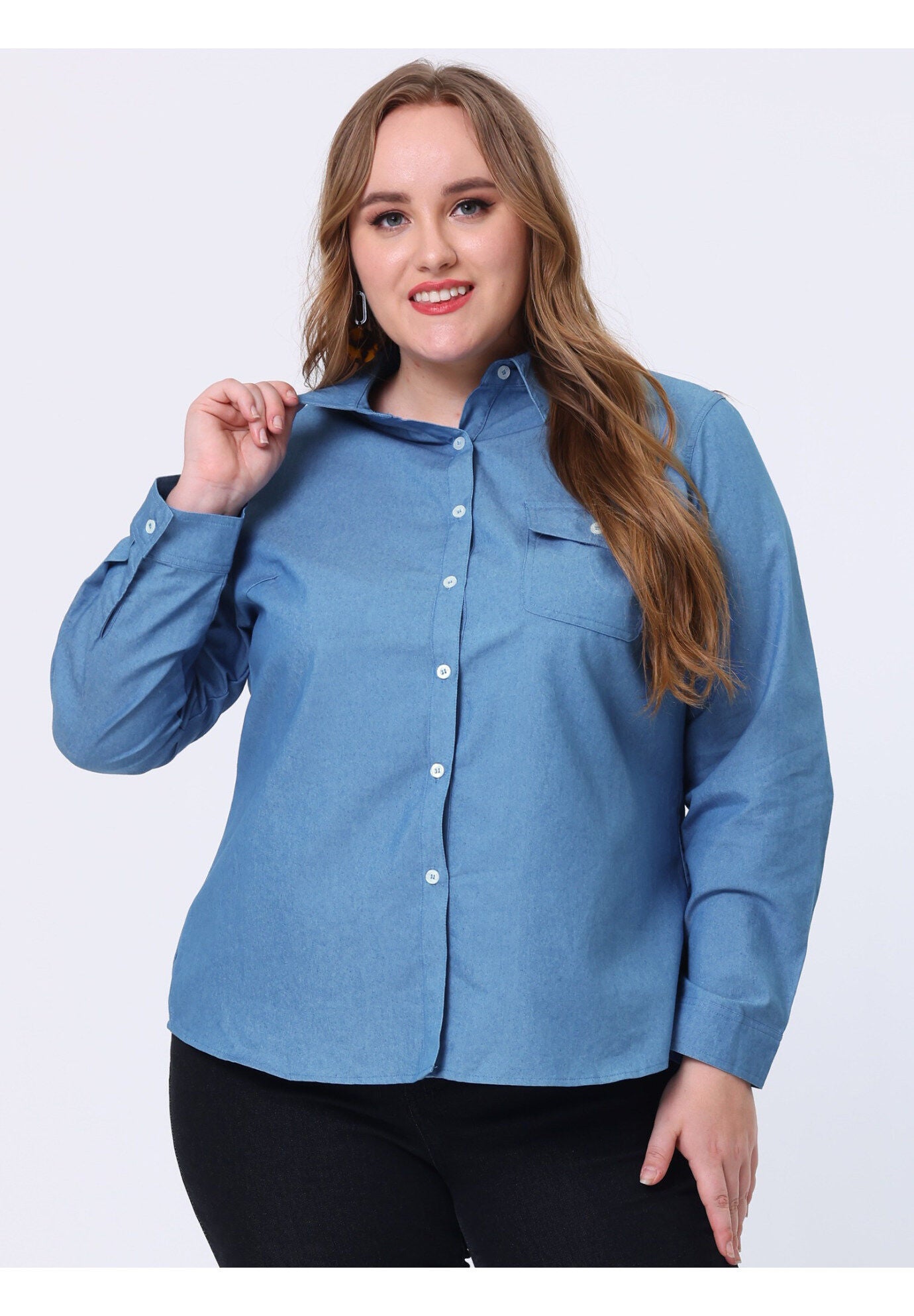 Button Down Long Sleeve Chest Pocket Chambray Shirt, Denim Blue / Chambray Denim Medium, alternate image number 1