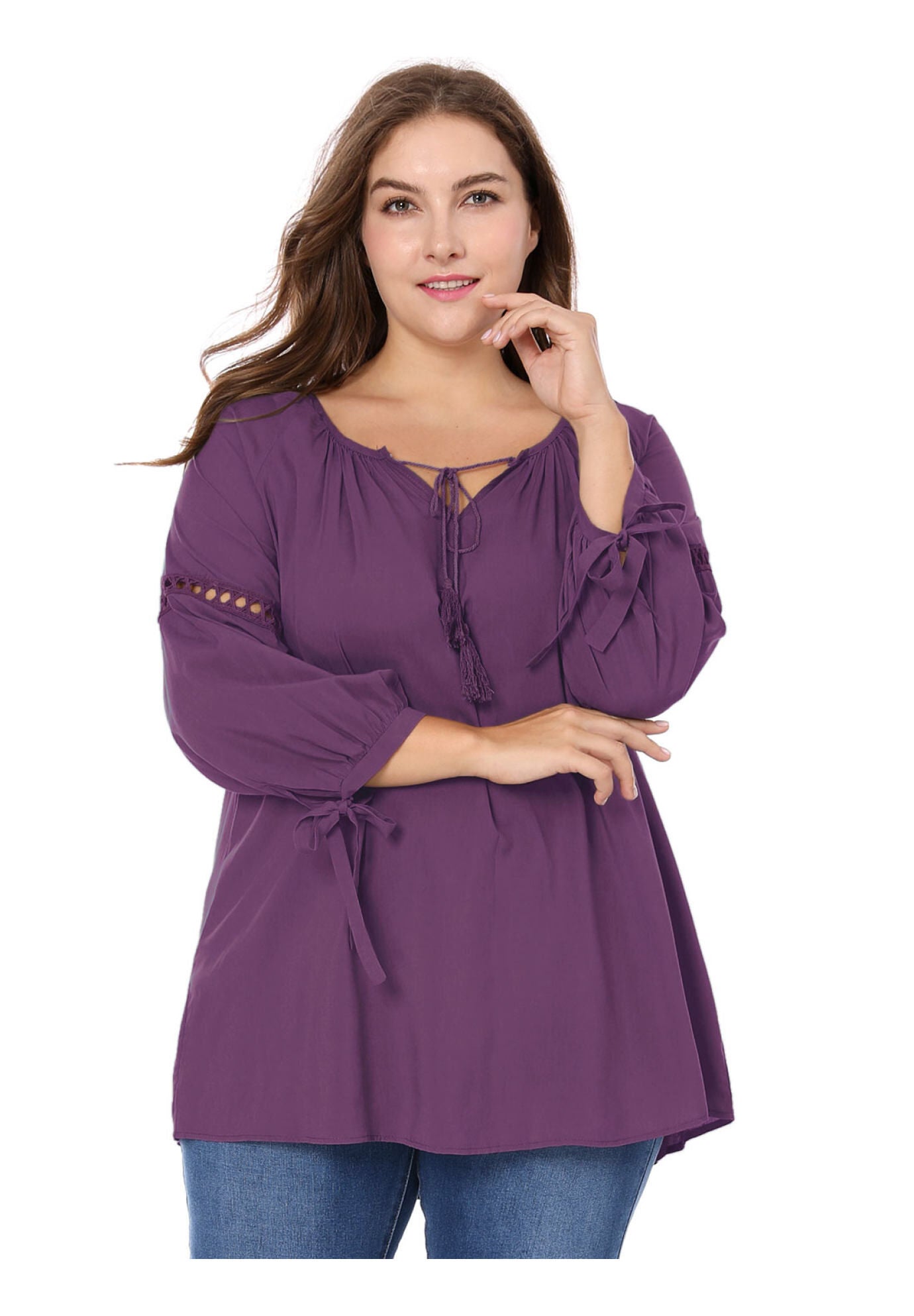 RAGLAN SLEEVES HOLLOW OUT TIE NECK PEASANT TOP, Purple / Purple, alternate image number 1