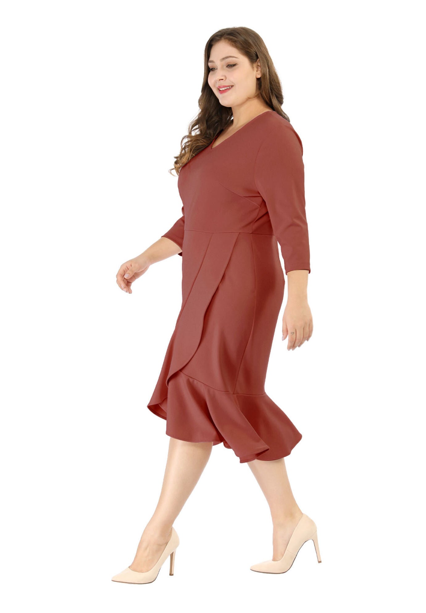 Ruffled 3/4 Sleeve Office Work Cocktail Wrap Dress, Brick Red / Burnt Orange, hi-res image number 0