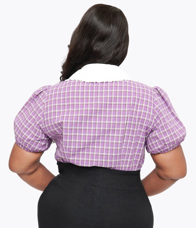 1930s Purple Plaid Oversized Collar Blouse, Purple Plaid / Purple, alternate image number 1