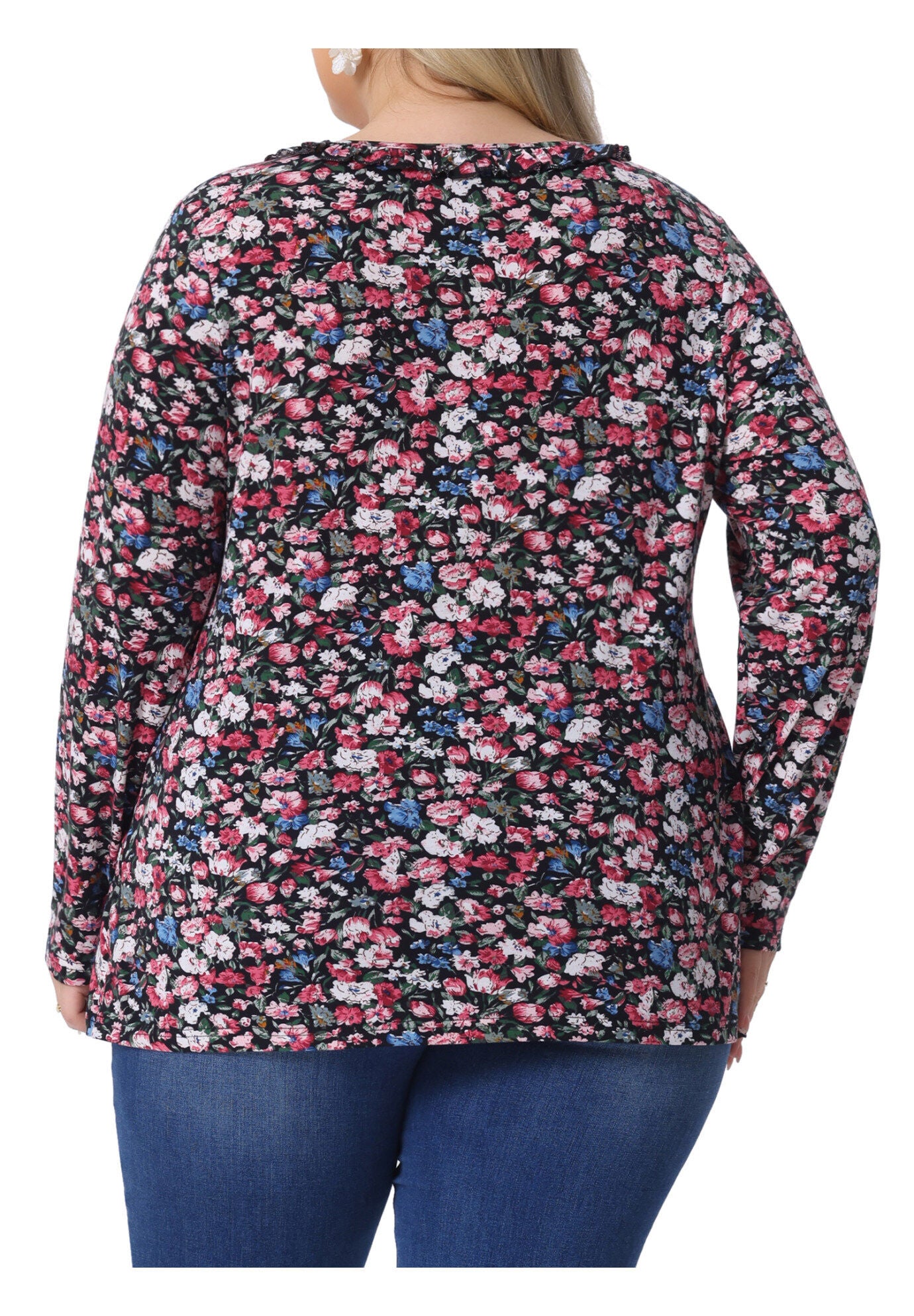 Floral V Neck Long Sleeve Ruffle Tunic Blouse Top, Black Pink / Pink, alternate image number 3