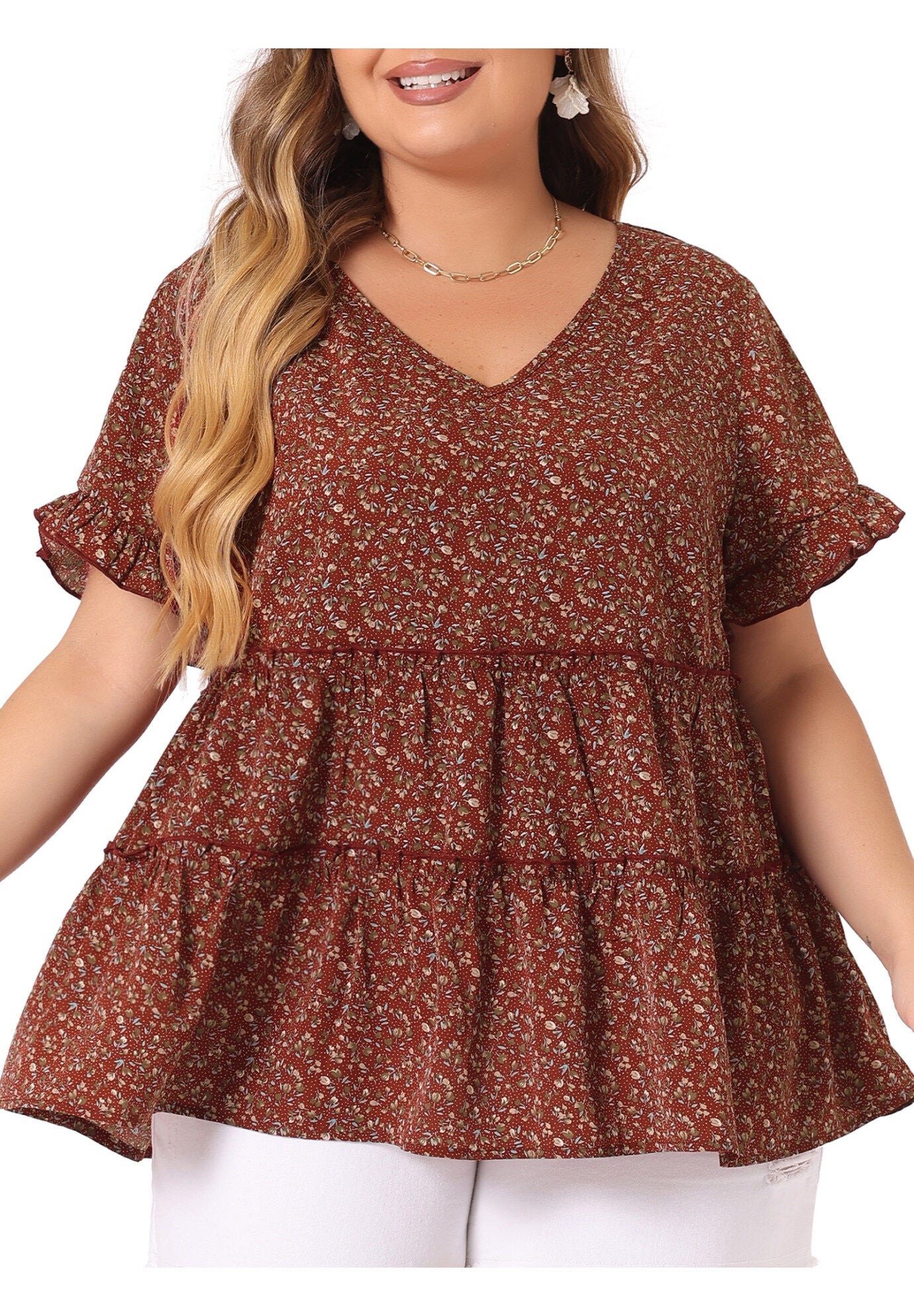 Floral Print V Neck Ruffles Sleeve Tiered Babydoll Blouse, Red / Red, alternate image number 2