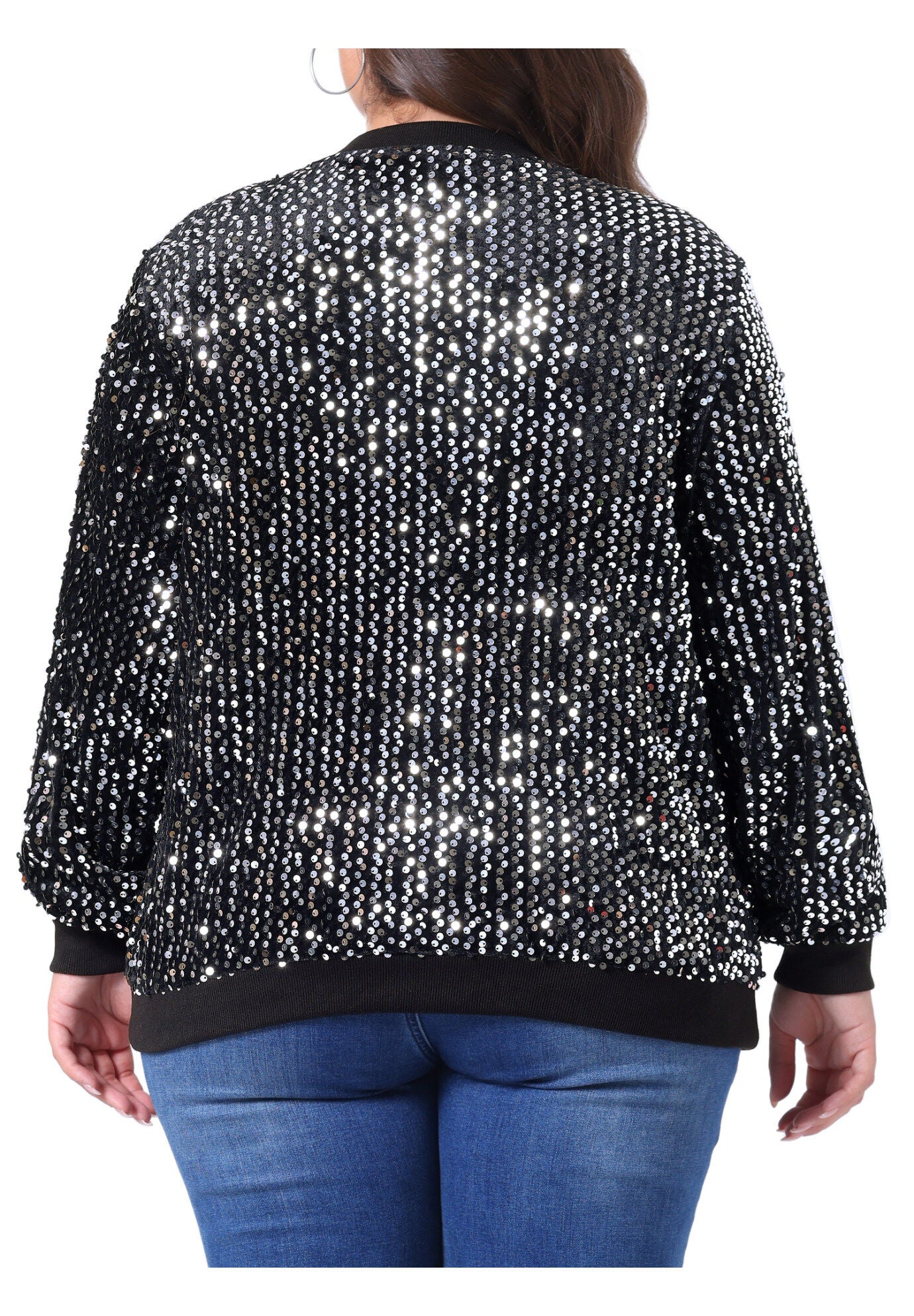 SEQUIN SPARKLE FRONT ZIP BOMBER JACKET, Silver / Silver, alternate image number 3