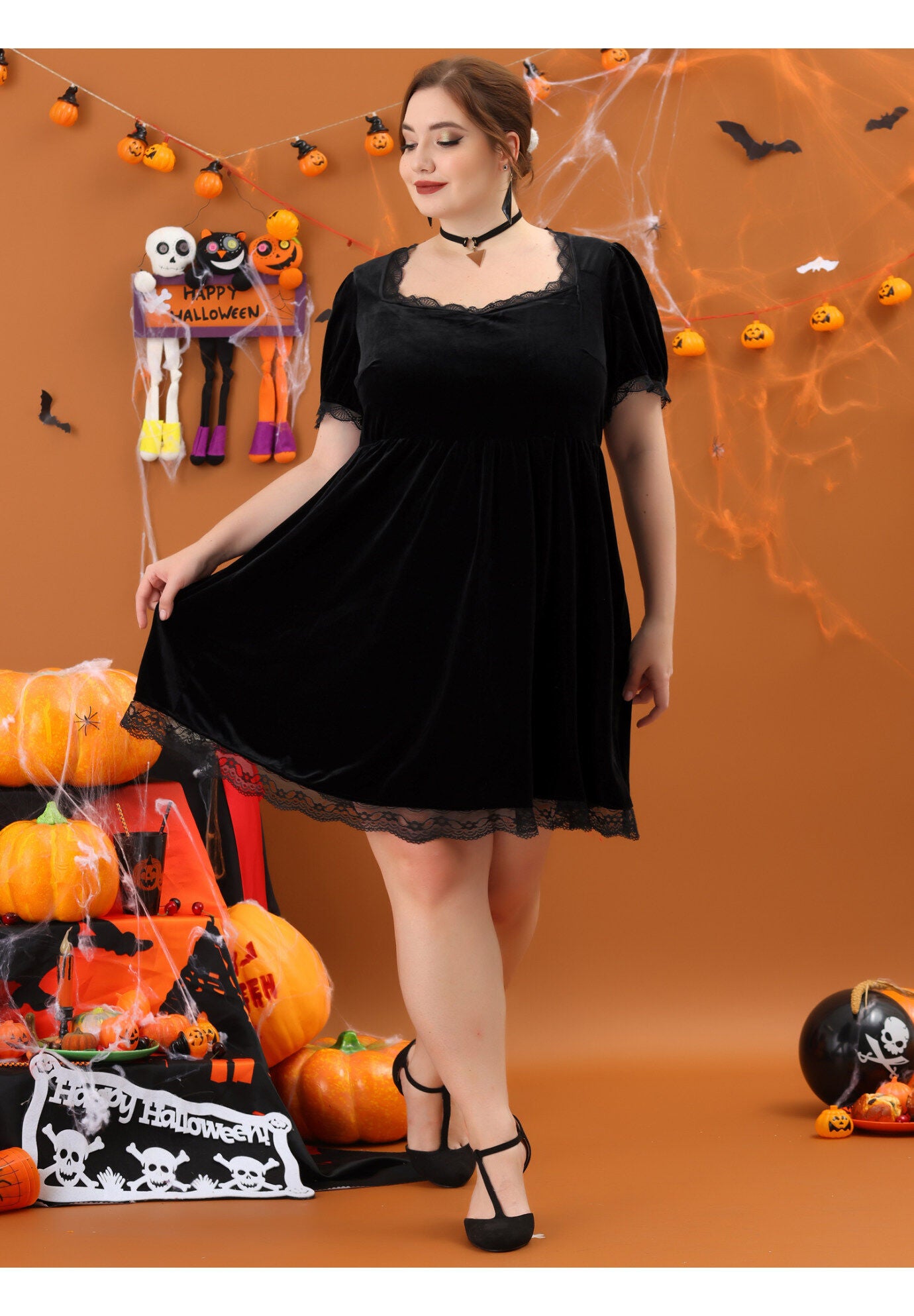 VELVET LACE TRIM SHORT SLEEVE DRESS, Black / Black, hi-res image number 0