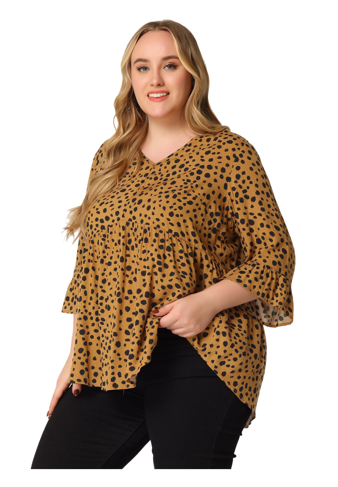 Polka Dots Blouse 3/4 Ruffle Sleeve Peplum Top, Brown / Brown, hi-res image number 0