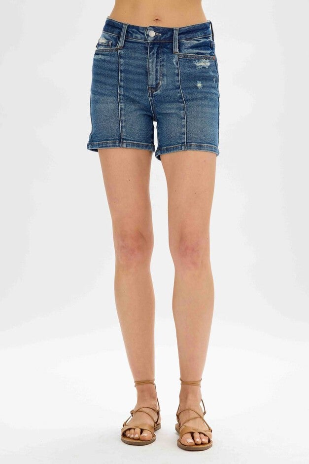 High Waist Seaming Detail Shorts (Plus) In Blue, Blue / Medium Wash, hi-res image number null
