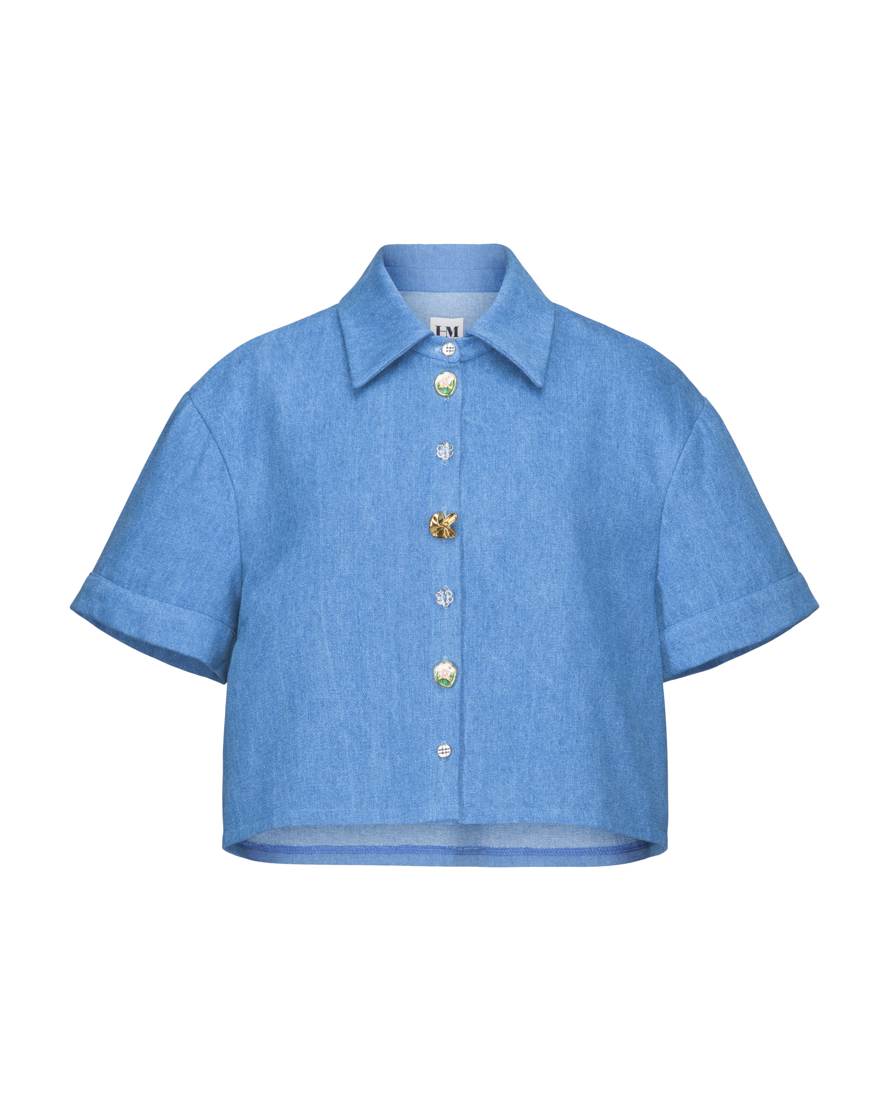 Denim Crop Short Slv Blouse, BLUE / Medium Wash, alternate image number 1