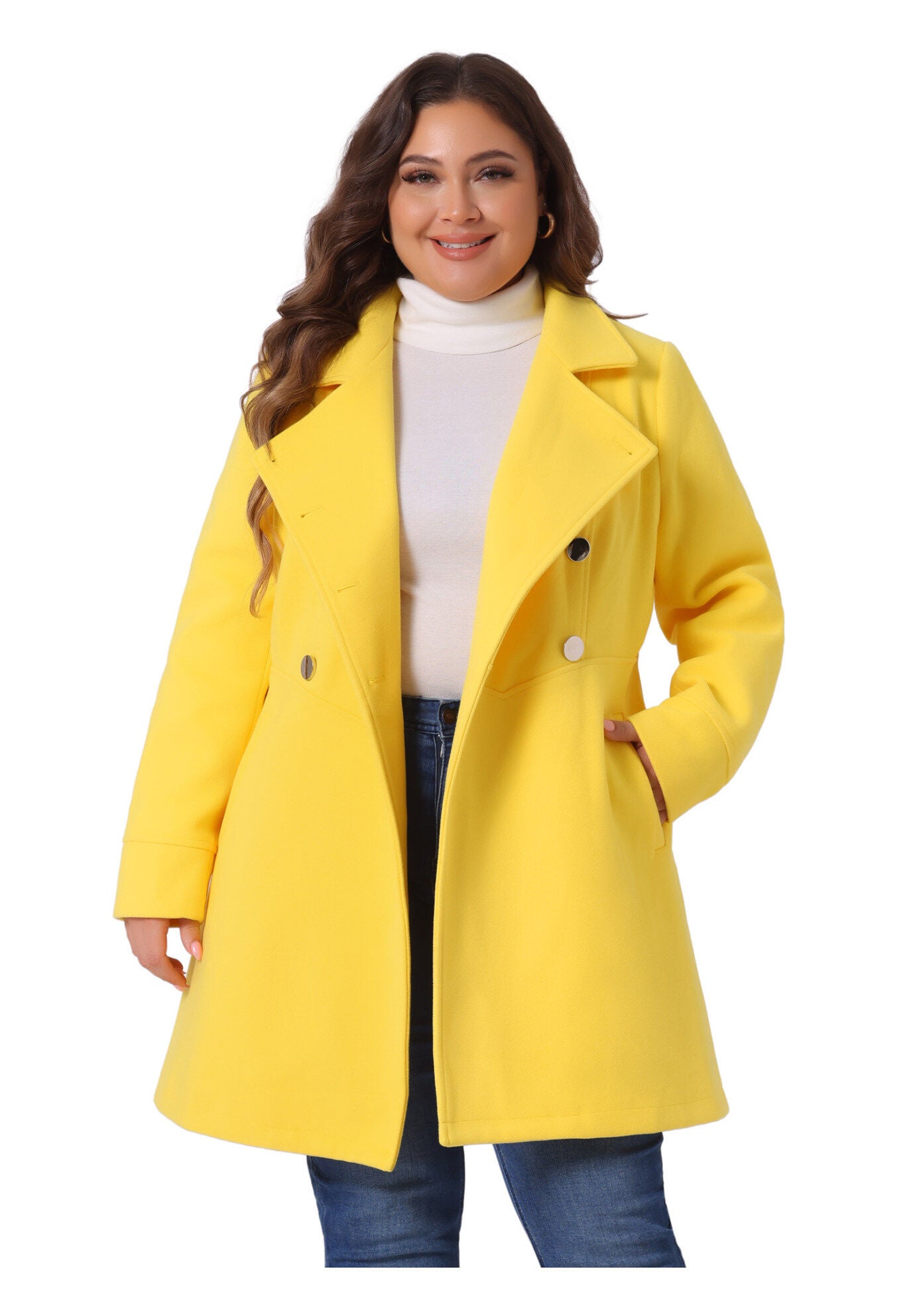 A-Line Peter Pan Collar Double Breasted Peacoat, Yellow / Yellow, alternate image number 2