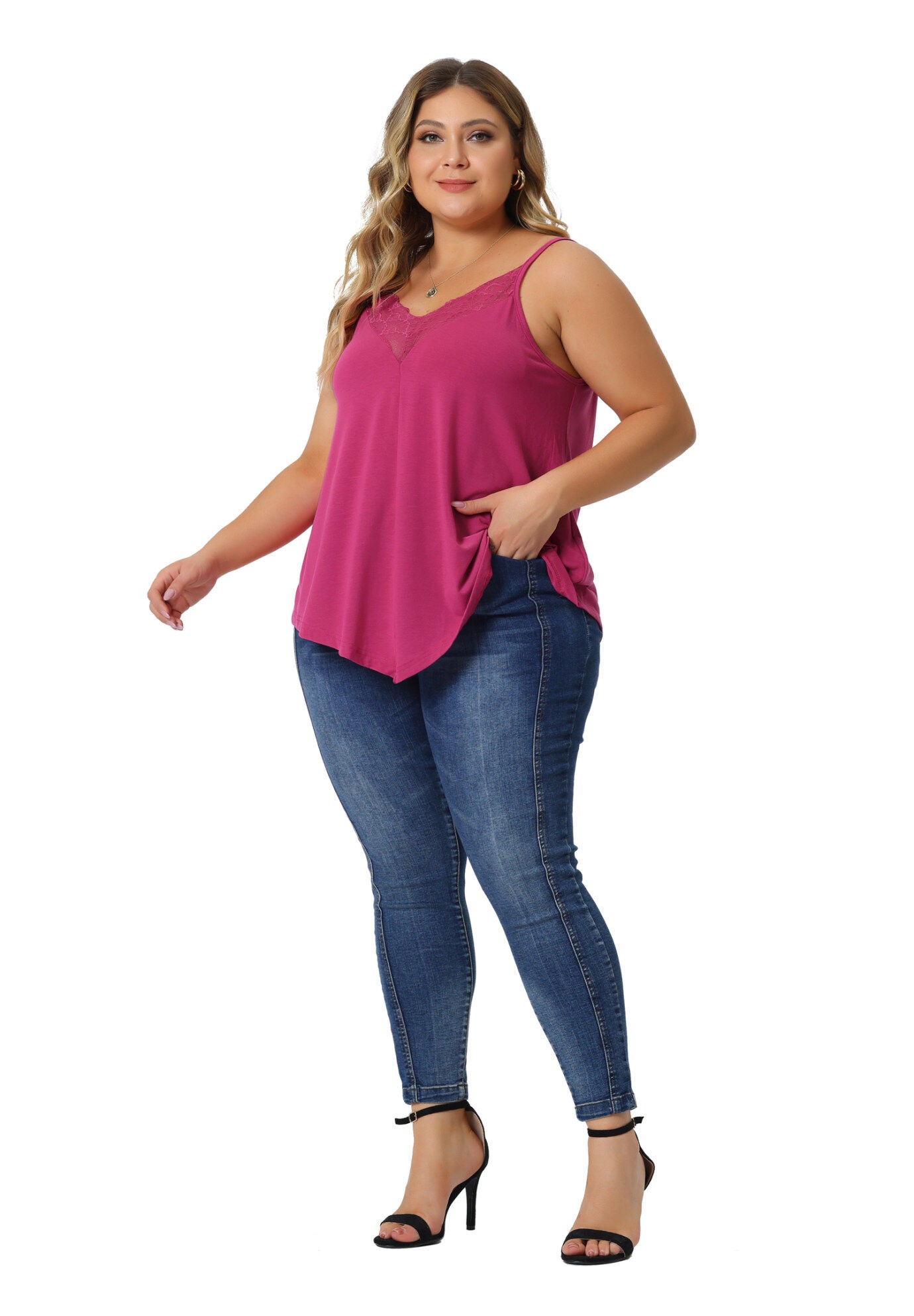 V-NECK LACE FRONT SPAGHETTI STRAP SLEEVELESS CAMI TANK TOP, Fuchsia / Deep Fuchsia, hi-res image number 0