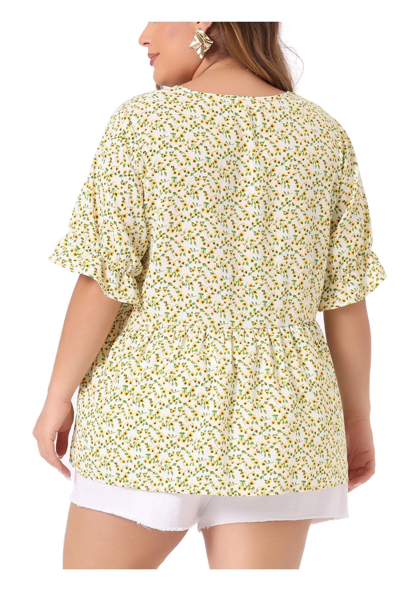 Floral Peplum Top V Neck Ruffle Short Sleeve Babydoll Blouse, Light Yellow / Light Yellow, alternate image number 3