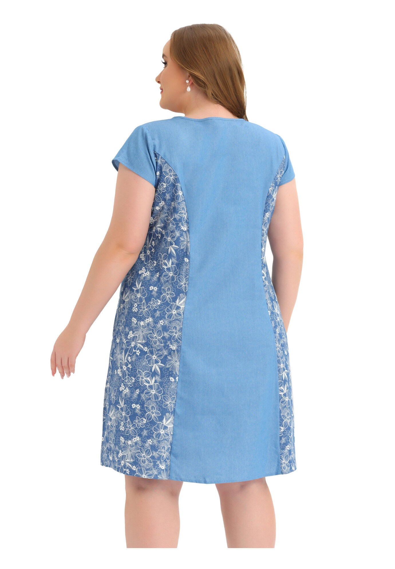 Chambray Cap Sleeve V Neck Floral Print Midi Dresses, Blue / Light Blue, alternate image number 3