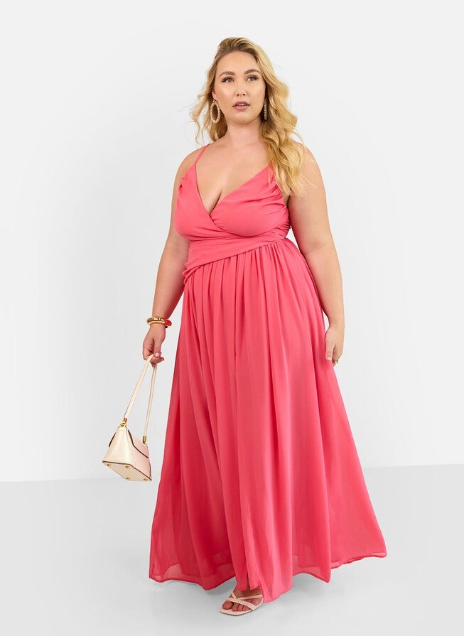 VITTORIA CHIFFON DRAPE MAXI A LINE DRESS - CORAL PINK | Dia & Co VITTORIA CHIFFON DRAPE MAXI A LINE DRESS - CORAL PINK | Dia & Co