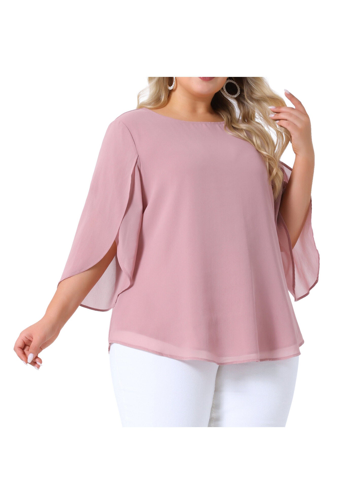 Flutter Petal Half 3/4 Sleeve Loose Chiffon Top, Pink / Pink, alternate image number 1