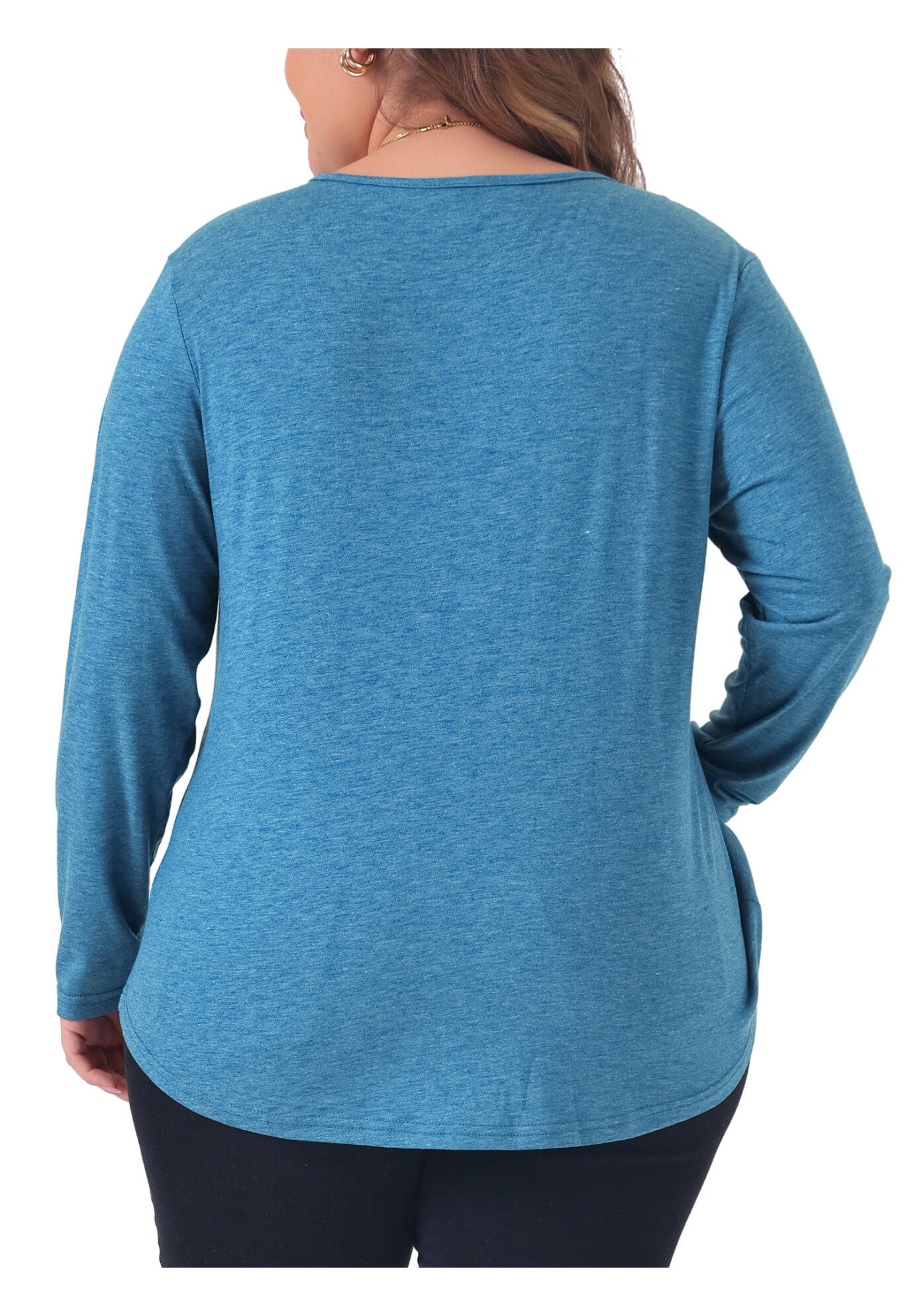Long Sleeve Pleated Front V Neck Button Blouse, Gray Blue / Azure Blue, alternate image number 3