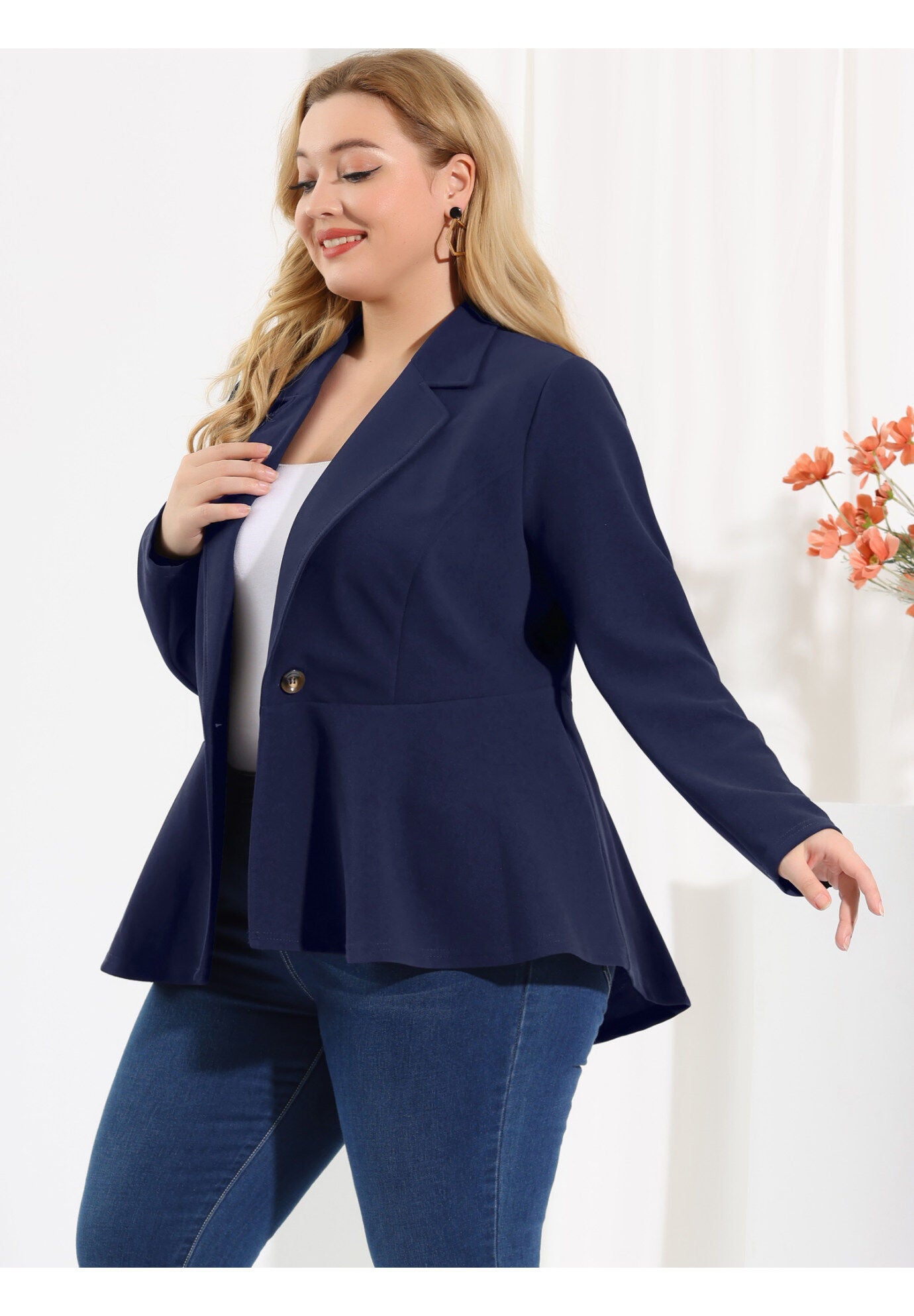 RUFFLE V NECK BUTTON NOTCH PANEL PEPLUM BLAZER, Navy Blue / Navy, alternate image number 1