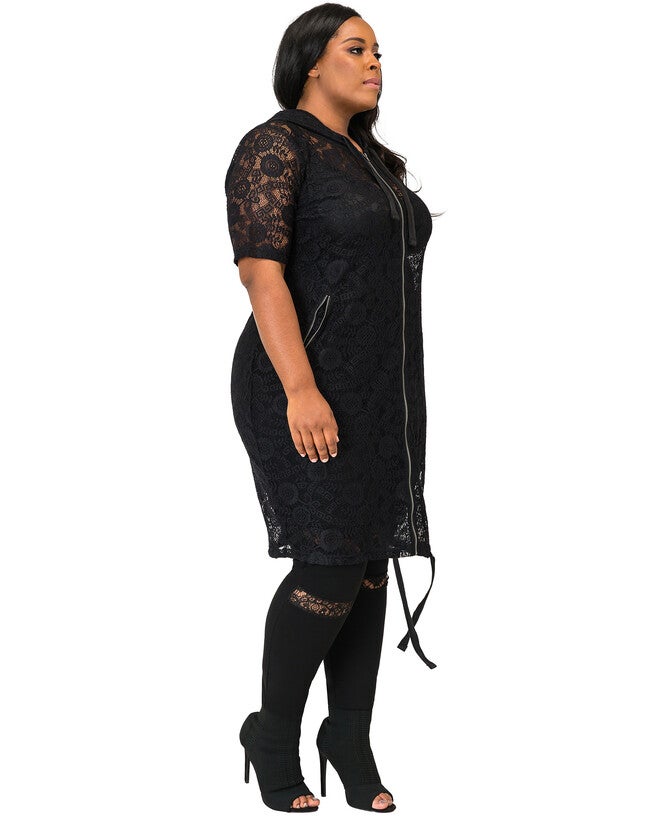 Plus Size Kenny Sheer Lace Zip Up Short Sleeve Hoodie Jacket with Athletic Stripe, , alternate image number null