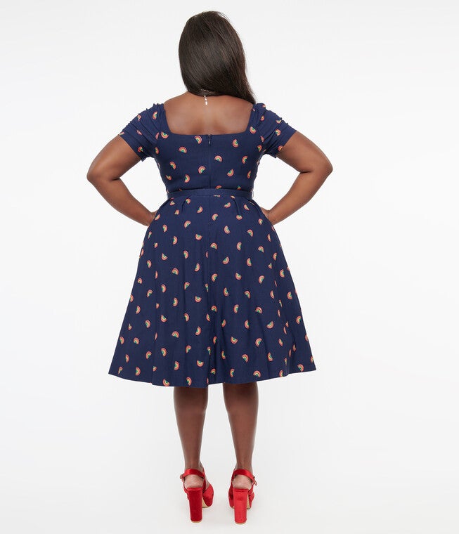 Unique Vintage 1950s Navy & Rainbow Stamp Midge Swing Dress, Navy  Rainbow / Navy, alternate image number 2