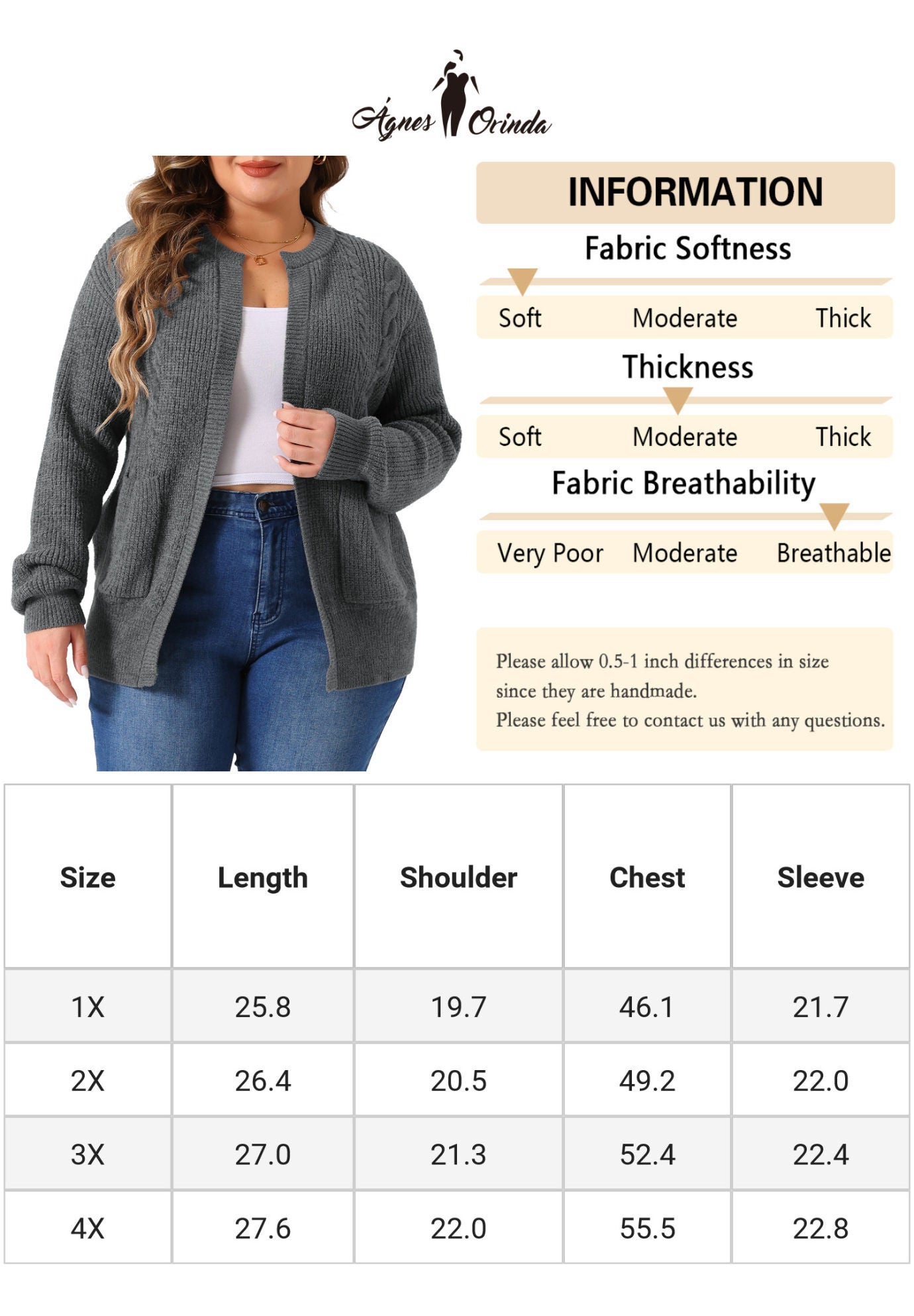 Long Sleeve Crew Neck Knit Cardigan Sweaters with Pockets, Gray / Charcoal Grey, alternate image number 4