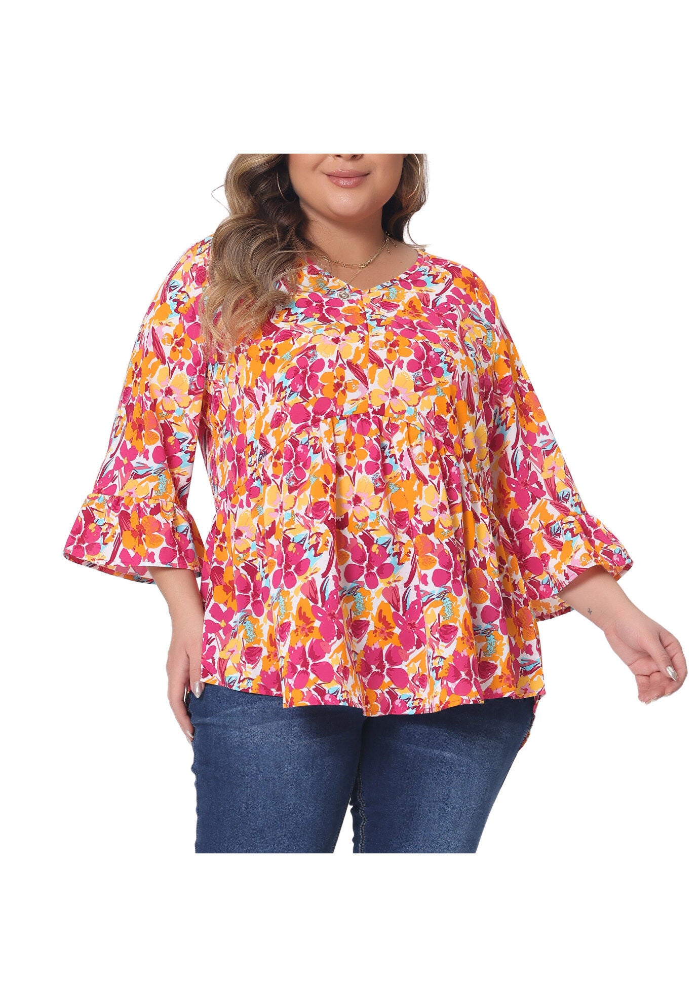 Floral V Neck Ruffle Sleeve Babydoll Peplum Blouse, Orange / Orange, alternate image number 2