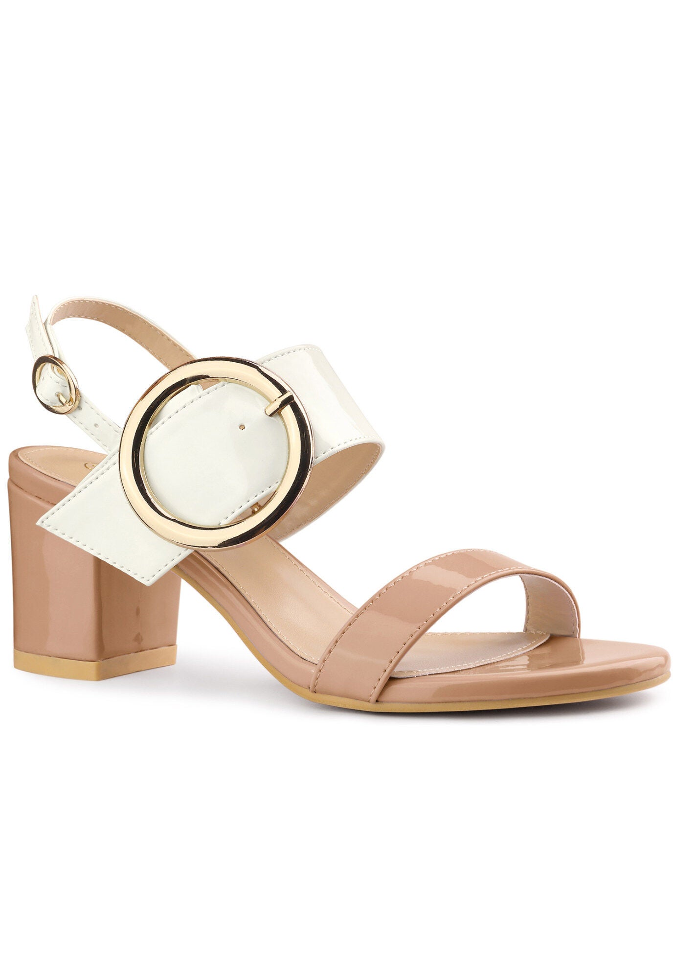 Slingback Buckle Two Straps Chunky Heel Sandals, Nude / Beige, hi-res image number 0