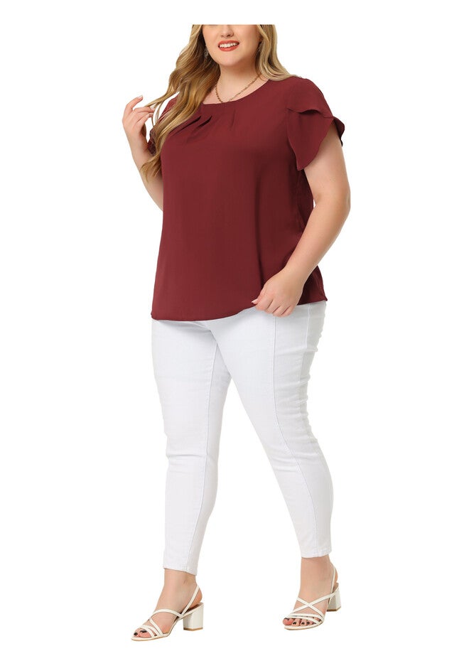 Round Neck Pleated Top Tulip Sleeves Blouse Top, Red / Red, alternate image number 1